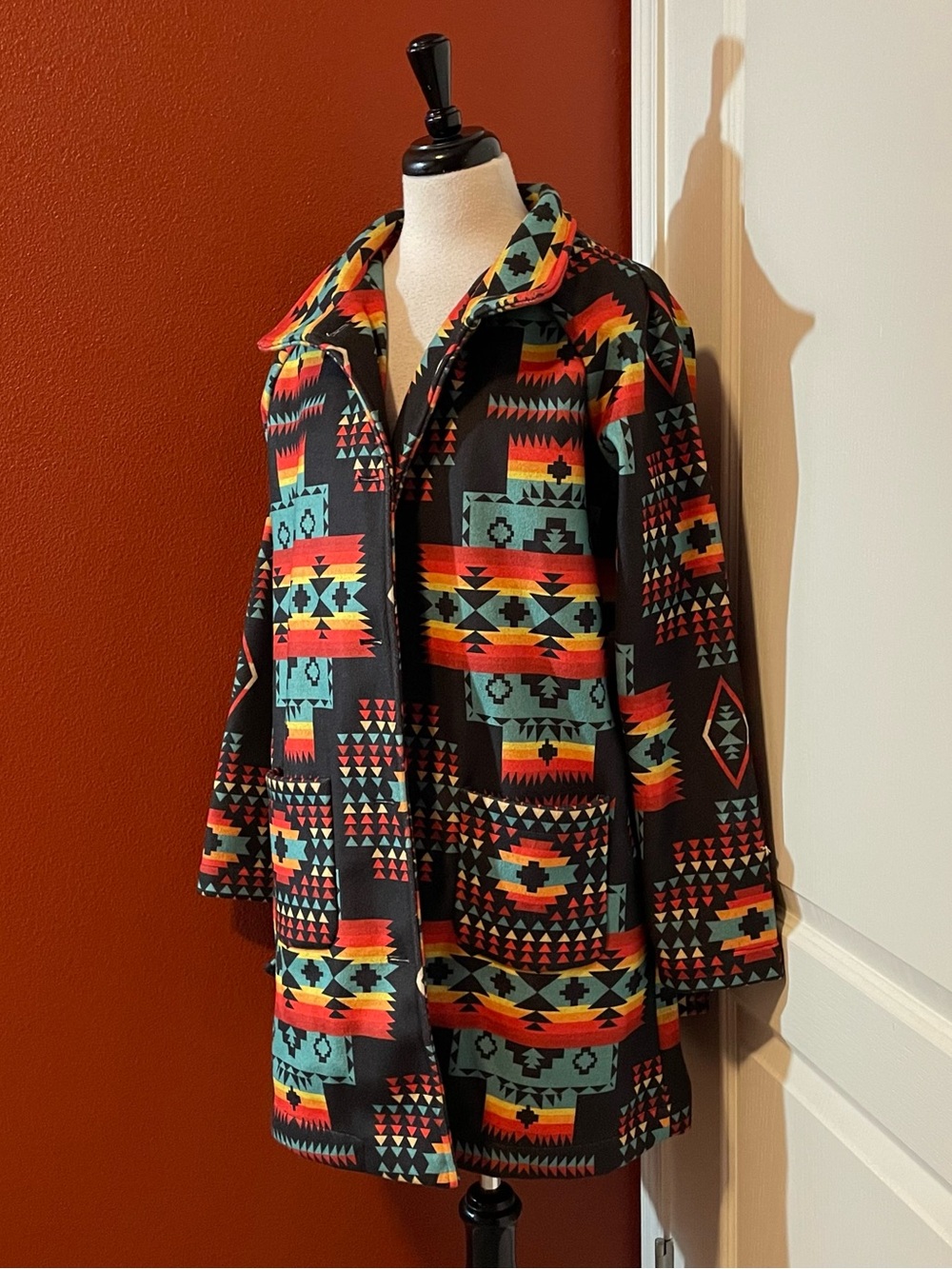 Fashion Express Women’s Vintage Southwestern Aztec Rainbow Cowgirl Long Coat